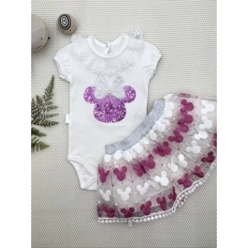 1-2-3 Yaş Payetli Mickey Nakışlı  Kısa Kollu Brode Etekli 2li Kız Bebek Takımı