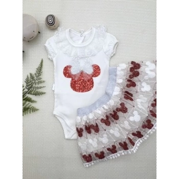 1-2-3 Yaş Payetli Mickey Nakışlı  Kısa Kollu Brode Etekli 2li Kız Bebek Takımı