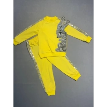 1-2-3 Yaş Payetli Pelüş Tavşan Desenli Likra Penye Kumaş Sweat Pantolonlu Kız 2li Çocuk Takımı