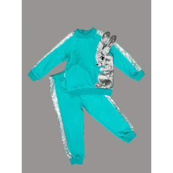 1-2-3 Yaş Payetli Pelüş Tavşan Desenli Likra Penye Kumaş Sweat Pantolonlu Kız 2li Çocuk Takımı