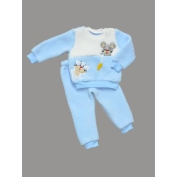 1-2-3 Yaş Sallanan Balık Nakışlı Kuzu Kumaş Sweat Pantolon Uzun Kollu Kız Erkek 2 Li Takımı