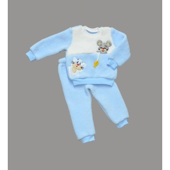 1-2-3 Yaş Sallanan Balık Nakışlı Kuzu Kumaş Sweat Pantolon Uzun Kollu Kız Erkek 2 Li Takımı