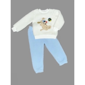 1-2-3 Yaş Toplu Köpek Nakışlı Kuzu Kumaş Sweat Pantolonlu Uzun Kollu Kız Erkek Bebek Takımı