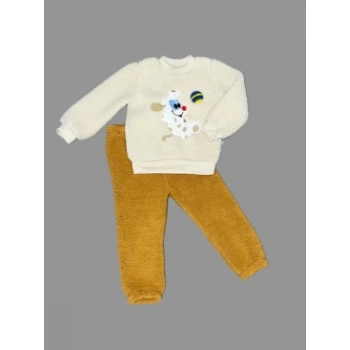 1-2-3 Yaş Toplu Köpek Nakışlı Kuzu Kumaş Sweat Pantolonlu Uzun Kollu Kız Erkek Bebek Takımı