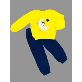 1-2-3 Yaş Toplu Köpek Nakışlı Kuzu Kumaş Sweat Pantolonlu Uzun Kollu Kız Erkek Bebek Takımı