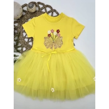 1-2-3 Yaş Tül Fiyonk Çiçekler Nakışlı Astarlı Kız Bebek Tütü Elbisesi