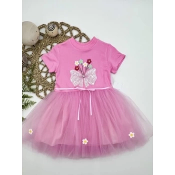 1-2-3 Yaş Tül Fiyonk Çiçekler Nakışlı Astarlı Kız Bebek Tütü Elbisesi