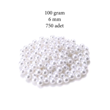 100 gram 6mm Beyaz Renk Plastik İnci Boncuk Çanta ve Takı Yapım Boncuğu (~750 adet)