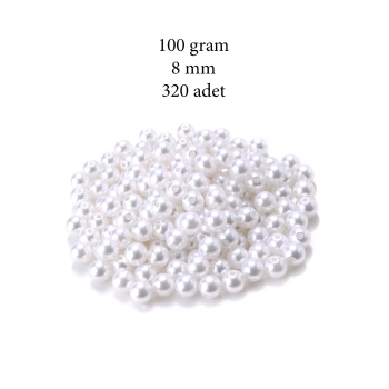 100 gram 8mm Beyaz Renk Plastik İnci Boncuk Çanta ve Takı Yapım Boncuğu (~320 adet)