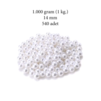 1.000 gram (1 kg.) 14mm Beyaz Renk Plastik İnci Boncuk Çanta ve Takı Yapım Boncuğu (~540 adet)