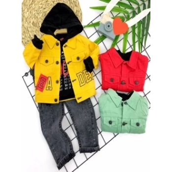 2-3-4-5 Yaş Pantolonlu Sweat Gabardin Ceket Cepli Kot Pantolon 3lü Erkek Bebek Takımı