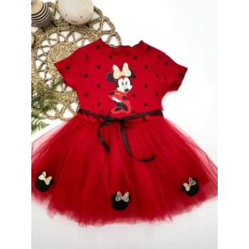 2-3-4 Yaş Puantiyeli Mickey Baskılı Kurdela Kuşaklı Astarlı Kız Bebek Tütü Elbisesi
