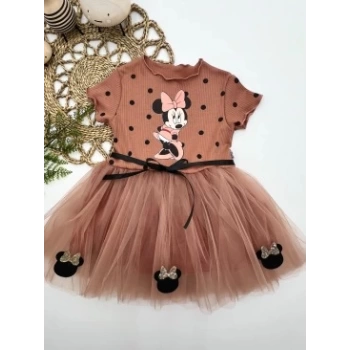 2-3-4 Yaş Puantiyeli Mickey Baskılı Kurdela Kuşaklı Astarlı Kız Bebek Tütü Elbisesi