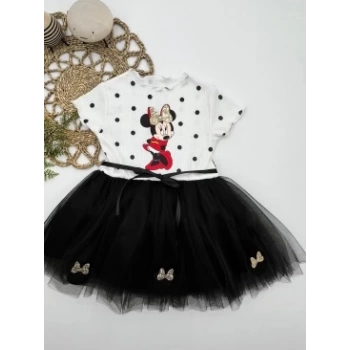 2-3-4 Yaş Puantiyeli Mickey Baskılı Kurdela Kuşaklı Astarlı Kız Bebek Tütü Elbisesi