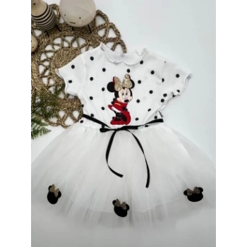 2-3-4 Yaş Puantiyeli Mickey Baskılı Kurdela Kuşaklı Astarlı Kız Bebek Tütü Elbisesi