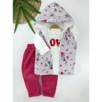 3-4-5-6 Yaş Kapşonlu Fermuarlı Çiçekli Şişme Yelek Sweat Pantolonlu 3lü Kız Erkek Çocuk Takımı