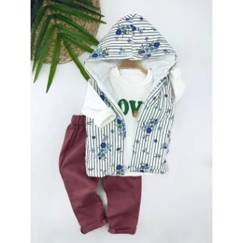 3-4-5-6 Yaş Kapşonlu Fermuarlı Çiçekli Şişme Yelek Sweat Pantolonlu 3lü Kız Erkek Çocuk Takımı