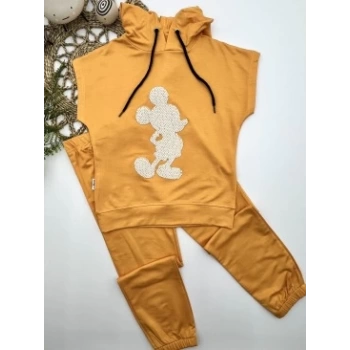 3-4-5 Yaş Kapşonlu Payetli Mickey Desenli Kısa Kol 2li Kız Erkek Çocuk Takımı