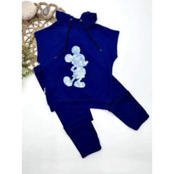 3-4-5 Yaş Kapşonlu Payetli Mickey Desenli Kısa Kol 2li Kız Erkek Çocuk Takımı