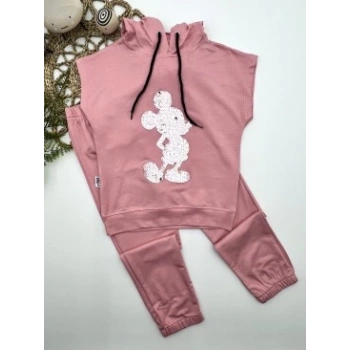 3-4-5 Yaş Kapşonlu Payetli Mickey Desenli Kısa Kol 2li Kız Erkek Çocuk Takımı