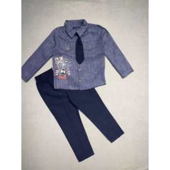 3-4-5 Yaş Kravatlı Keten Gömlek Gabardin Pantolon Uzun Kollu 3lü Erkek Çocuk Takımı