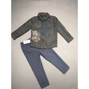 3-4-5 Yaş Kravatlı Keten Gömlek Gabardin Pantolon Uzun Kollu 3lü Erkek Çocuk Takımı