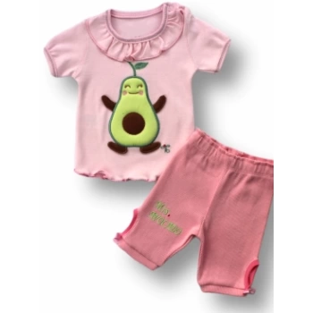 3-6 6-9 9-12 12-18 Ay Avokado Nakışlı Kısa Kollu Sweatli Şortlu 2li Kız-erkek Bebek Takımı