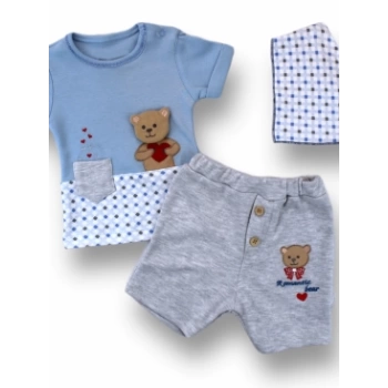 3-6 6-9 9-12 12-18 Ay Romantik Ayıcık Nakışlı Bandajlı Kısa Kollu Sweatli 3lü Kız-erkek Bebek Takımı
