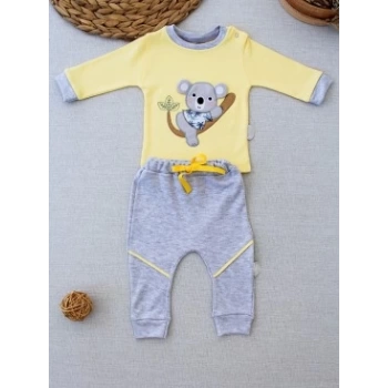 3-6 6-9 9-12 12-18 Ay Yavru Koala Nakışlı Uzun Kollu Sweat 2li Kız Erkek Bebek Takımı