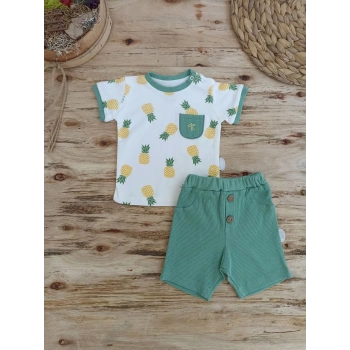 3-6 6-9 9-12 Ay Ananas Baskılı Şort Tişört 2 Li Kız Erkek Bebek Takımı