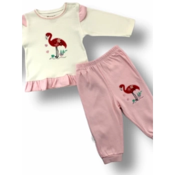 3-6 6-9 9-12 Ay Flamingo Nakışlı Uzun Kollu Sweatli 2li Kız Bebek Takımı
