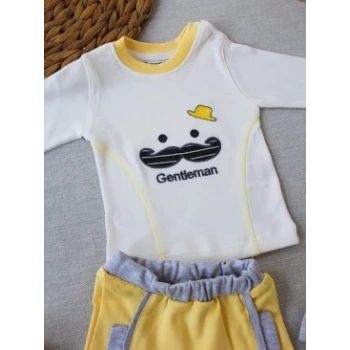 3-6 6-9 9-12 Ay Gentleman Erkek Nakışlı Şapkalı Uzun Kollu Sweat 3lü Erkek Bebek Takımı