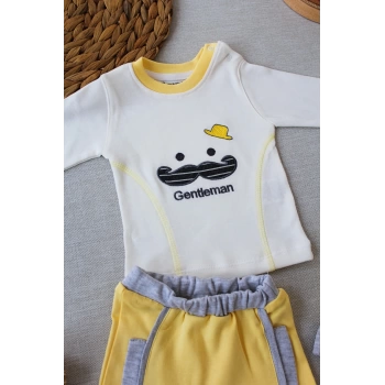 3-6 6-9 9-12 Ay Gentleman Erkek Nakışlı Şapkalı Uzun Kollu Sweat 3lü Erkek Bebek Takımı