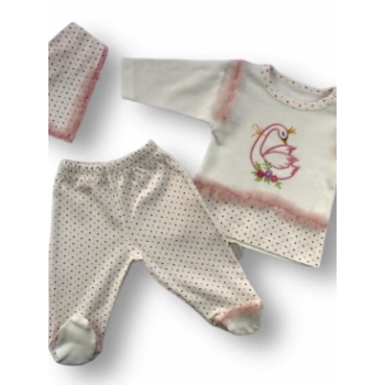 3-6 6-9 9-12 Ay Kraliçe Kuğu Nakışlı Bandajlı Uzun Kollu Sweatli 3lü Kız Bebek Takımı