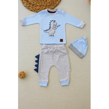 3-6 6-9 9-12 Ay Minik Dino Nakışlı Şapkalı Uzun Kollu Sweat 3lü Kız-erkek Bebek Takımı