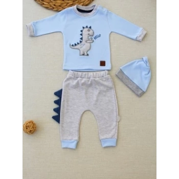 3-6 6-9 9-12 Ay Minik Dino Nakışlı Şapkalı Uzun Kollu Sweat 3lü Kız-erkek Bebek Takımı