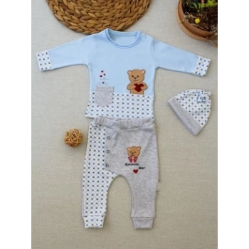 3-6 9-12 12-18 Ay Romantik Ayıcık Nakışlı Şapkalı Uzun Kollu Sweatli 3lü Kız-erkek Bebek Takımı