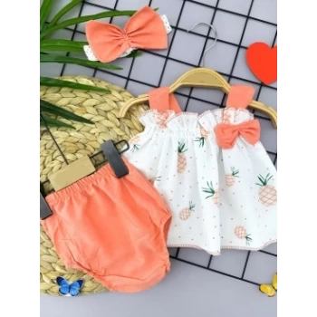 3-6-9-12 Ay Bandajlı Ve Kilotlu Ananas Desenli Askılı 3lü Kız Bebek Elbisesi