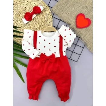 3-6-9-12 Ay Bandanalı Fiyonk Detaylı Salopet Görünümlü 2li Kız Bebek Tulumu