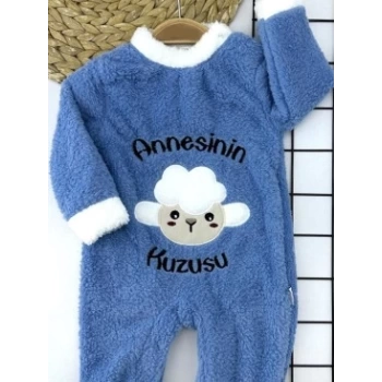 3-6-9-12 Ay Kuzu Tüylü Kumaş Annesinin Kuzusu Nakışlı Alttan Çıtçıtlı Kız Erkek Bebek Tulumu