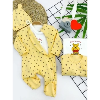 3-6-9-12 Ay Pooh Desenli Şapkalı Sweatli 3lü Kız Erkek Bebek Tulum