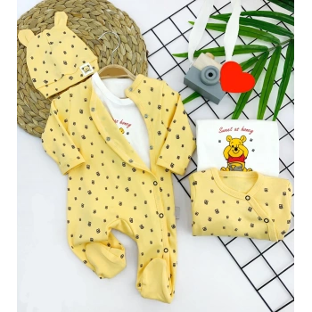 3-6-9-12 Ay Pooh Desenli Şapkalı Sweatli 3lü Kız Erkek Bebek Tulum