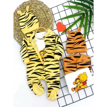 3-6-9-12 Ay Pooh Desenli Zebra Çizgili Şapkalı Sweatli 3lü Kız Erkek Bebek Tulumu(sarı)