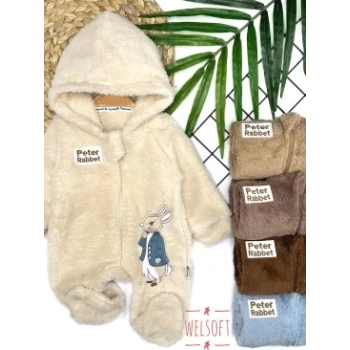 3-6-9-12 Ay Rabbit Tavşan Nakışlı Fermuar Kapamalı Patikli Tüylü Erkek Bebek Tulumu