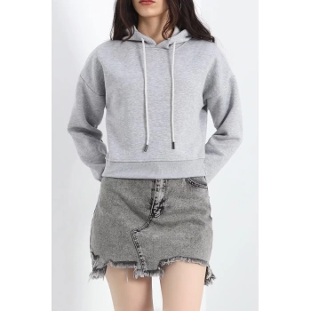 3 İplik Kapşonlu Crop Sweat Gri - 20959.1878.