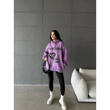 3 iplik şardonlu oversize compact true baskılı sweat mor