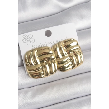 316 Çelik Gold Renk İşlemeli Kare Plaka Model Kadın Küpe