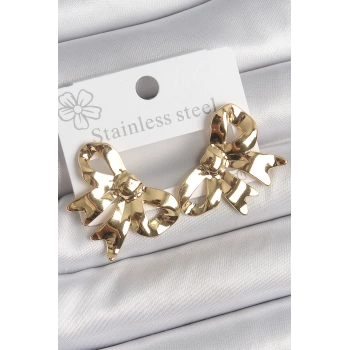 316 Çelik Gold Renk Kurdele Plaka Model Kadın Küpe