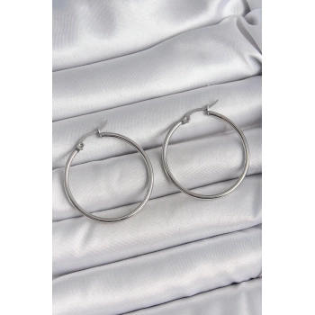 316 Çelik Gümüş Renk 33 mm Halka Model Kadın Küpe