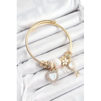 316L Çelik Beyaz Zirkon Taşlı Anahtar Ve Kalp Model Gold Renk Charm Bileklik